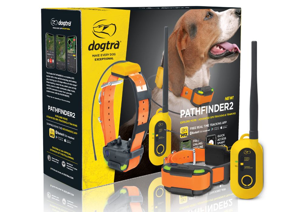 Dogtra Pathfinder2 Connector Remote and Receiver Collar in Front of Box