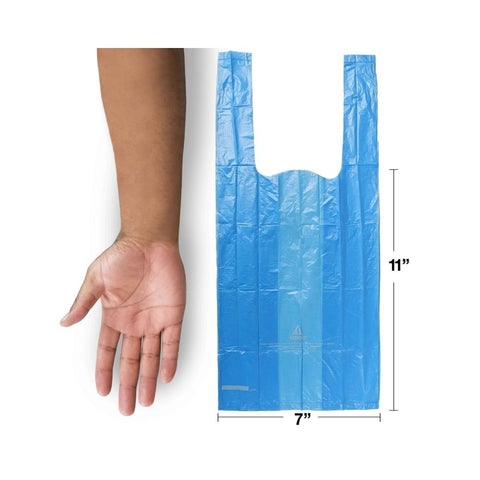 Size Comparison of Blue Four Paws Poop Bag in Blue versus Human Arm