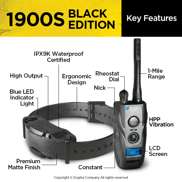 Dogtra 1900S Black Edition Remote Training Collar Key Features Labeled