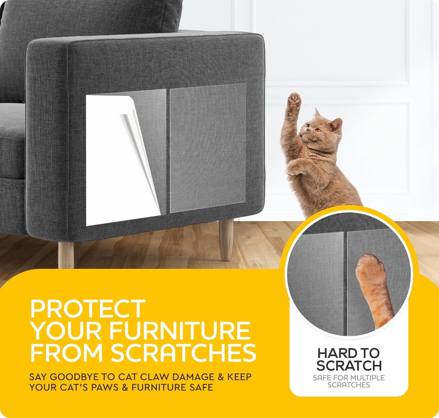 Orange Cat with Paws Raised Beside Gray Couch with CatWay Anti-Scratch Cat Training Tape