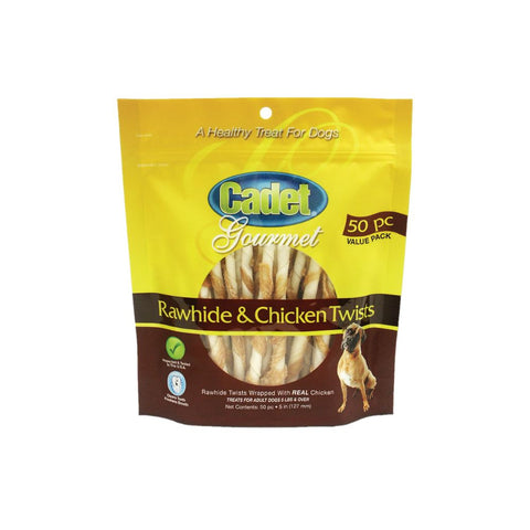 One 50-piece Pack of Cadet Premium Gourmet Rawhide and Chicken Twists Treats
