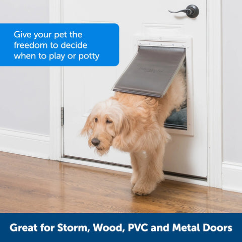 Dog Coming Out of PetSafe PPA00-10985 Extreme Weather Pet Door Medium