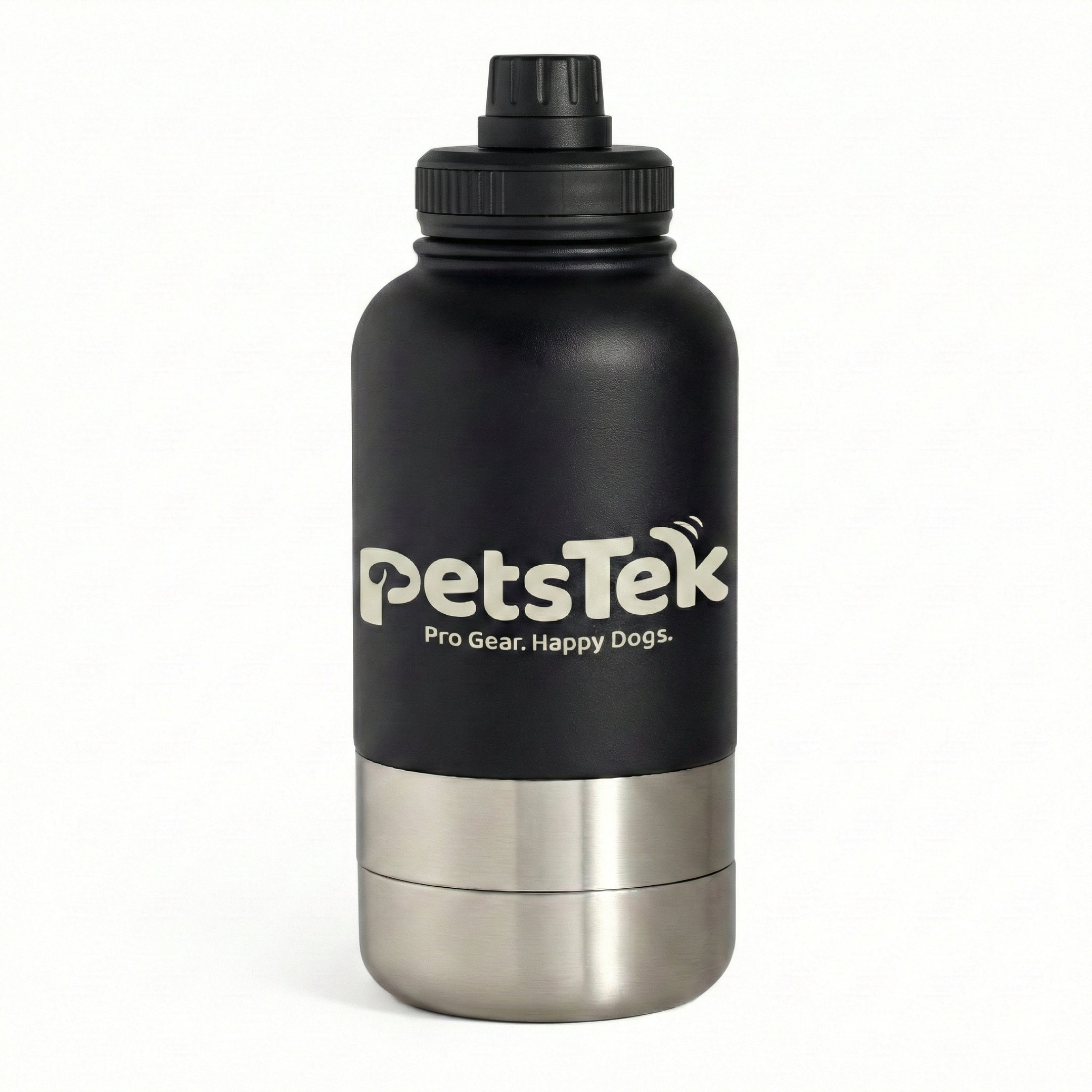 PetsTek Portable Dog Water Bottle - 3 in 1 Insulated Stainless Steel Travel Bowl and Dispenser with Leak Proof Magnetic Lid-zoom-2