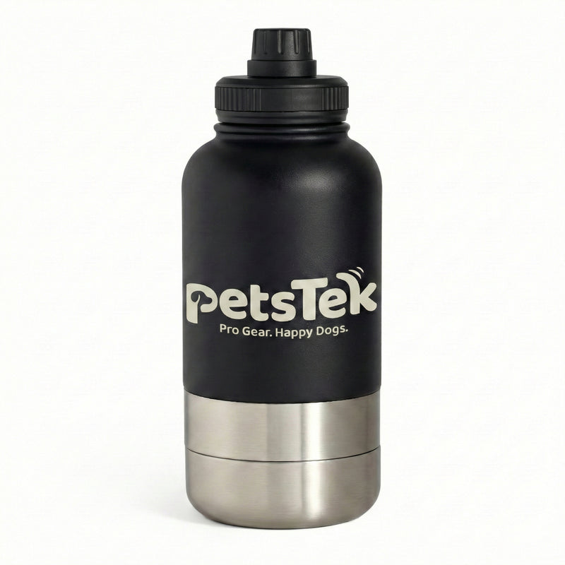 PetsTek Portable Dog Water Bottle - 3 in 1 Insulated Stainless Steel Travel Bowl and Dispenser with Leak Proof Magnetic Lid-zoom-