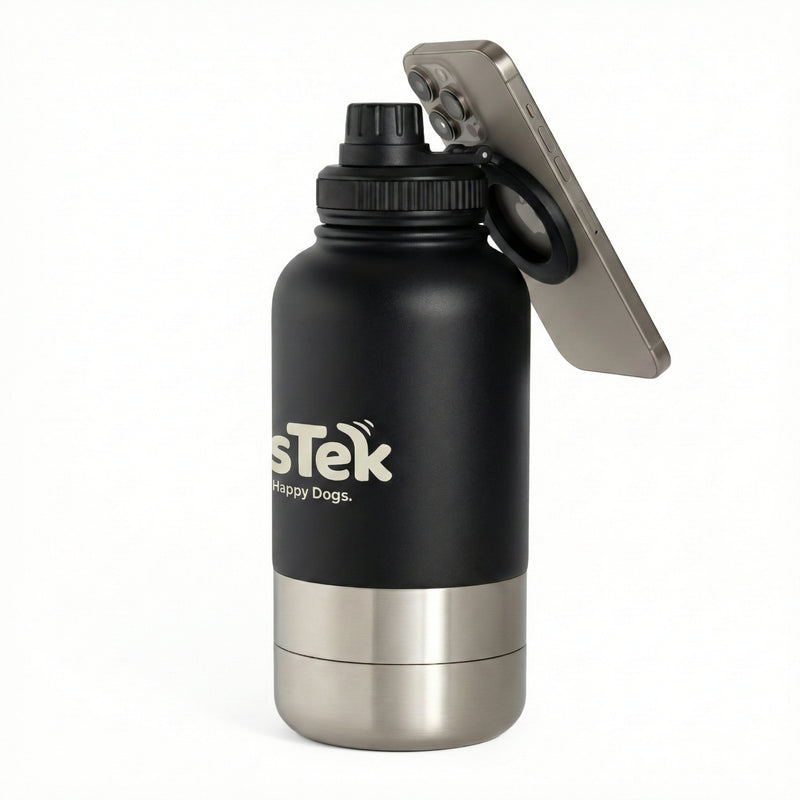PetsTek Portable Dog Water Bottle - 3 in 1 Insulated Stainless Steel Travel Bowl and Dispenser with Leak Proof Magnetic Lid-zoom-