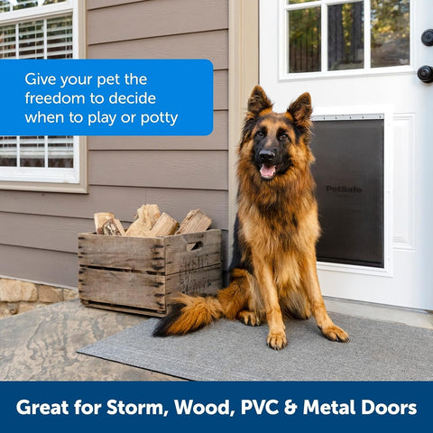 German Shepherd Beside PetSafe ZPA19-16855 Extreme Weather Aluminum Pet Door Extra Large