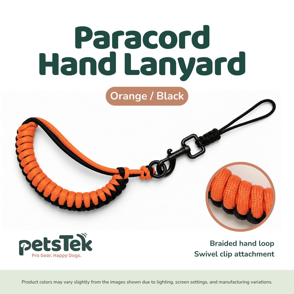 PetsTEK paracord remote lanyard with swivel clip and wrist strap for secure, convenient e collar remote handling.