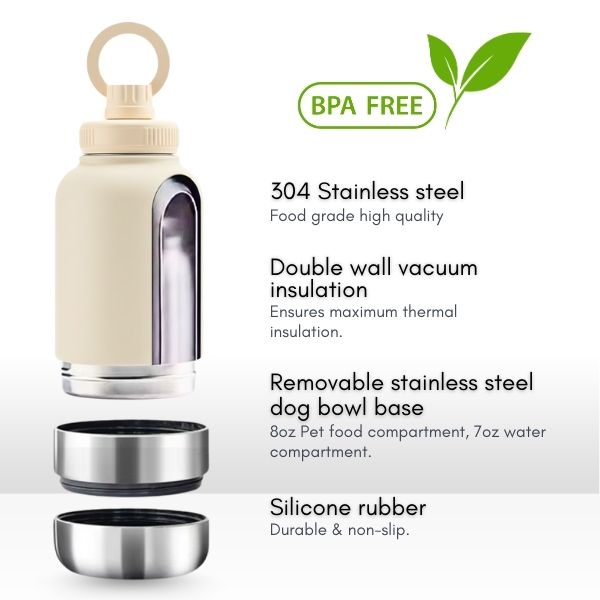 Beige and silver insulated dog bowl with features listed on a white background