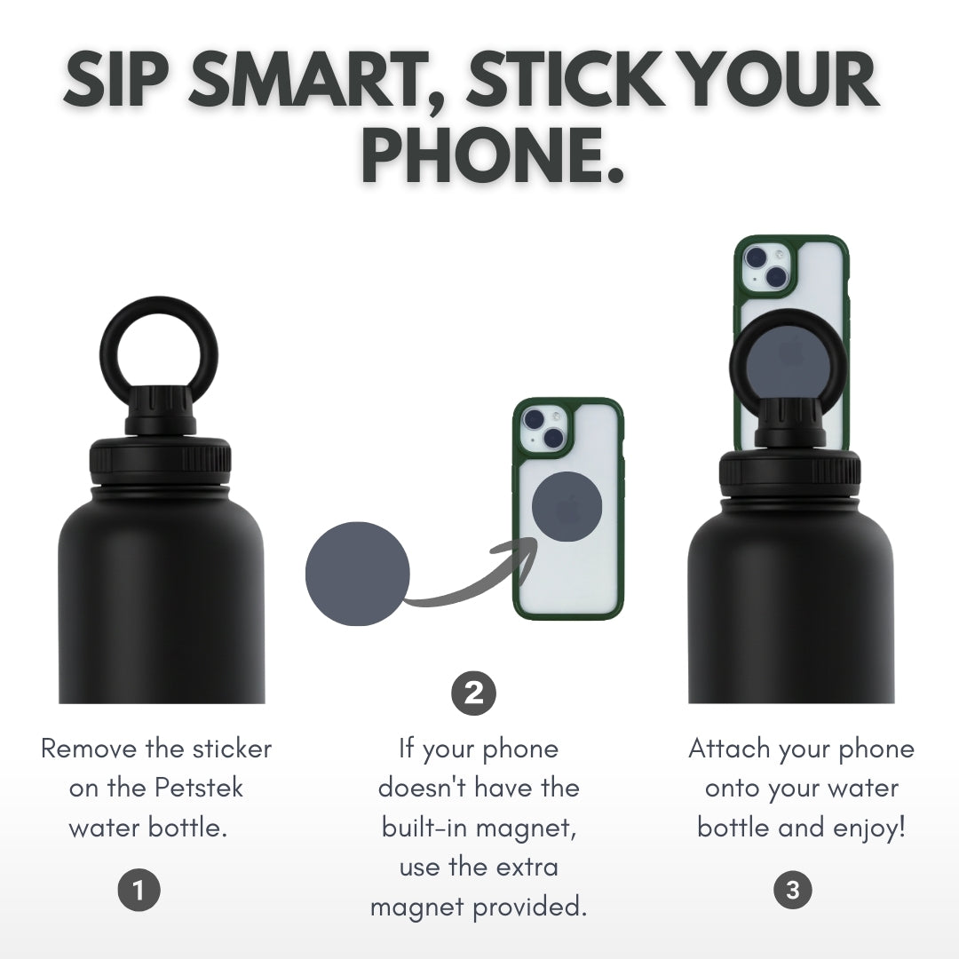 Instructions for using a water bottle with a phone holder attachment.