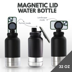 Black and silver magnetic lid water bottle with smartphone attachment on a white background