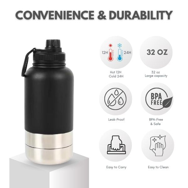 Black and silver insulated water bottle with features highlighted on a white background