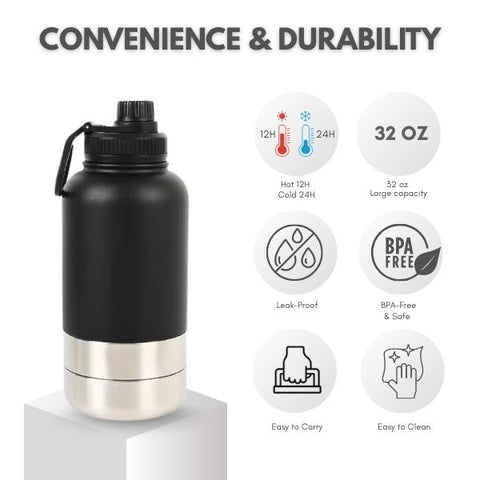Black and silver insulated water bottle with features highlighted on a white background