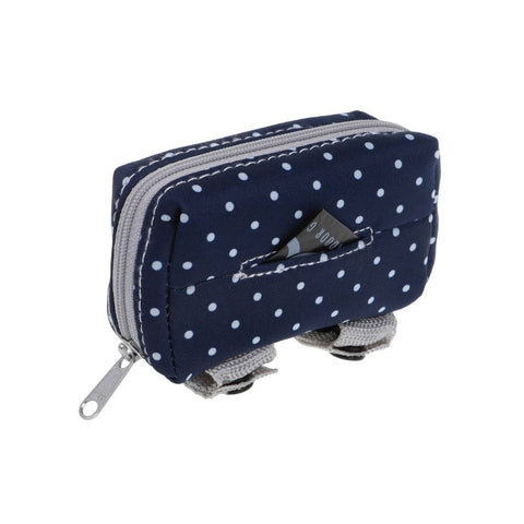Back of DOOG Walkie Pouch in White and navy Polka Dot Pattern