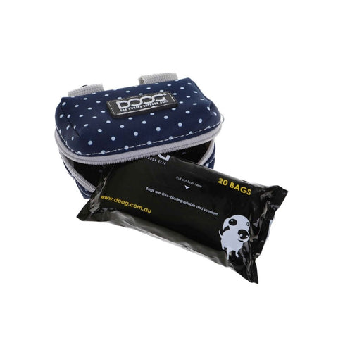 Poop Bag Inside DOOG Walkie Pouch in White and navy Polka Dot Pattern