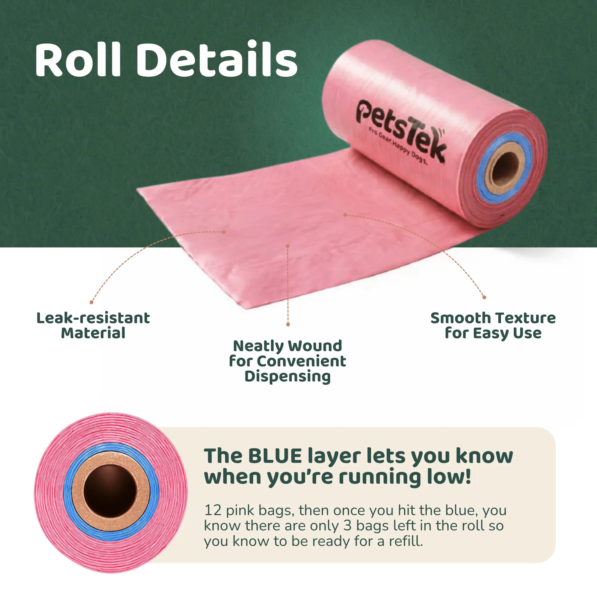 PetsTEK-PetsTEK Dog Poop Bags with Blue Low Roll Indicator