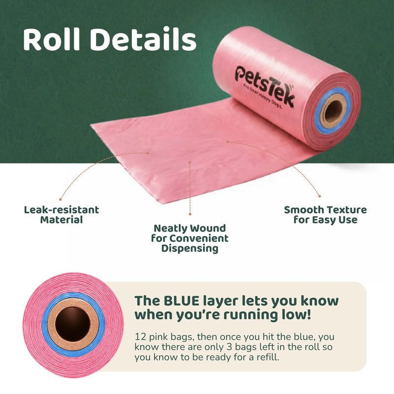 PetsTEK Dog Poop Bags with Blue Low Roll Indicator-zoom-