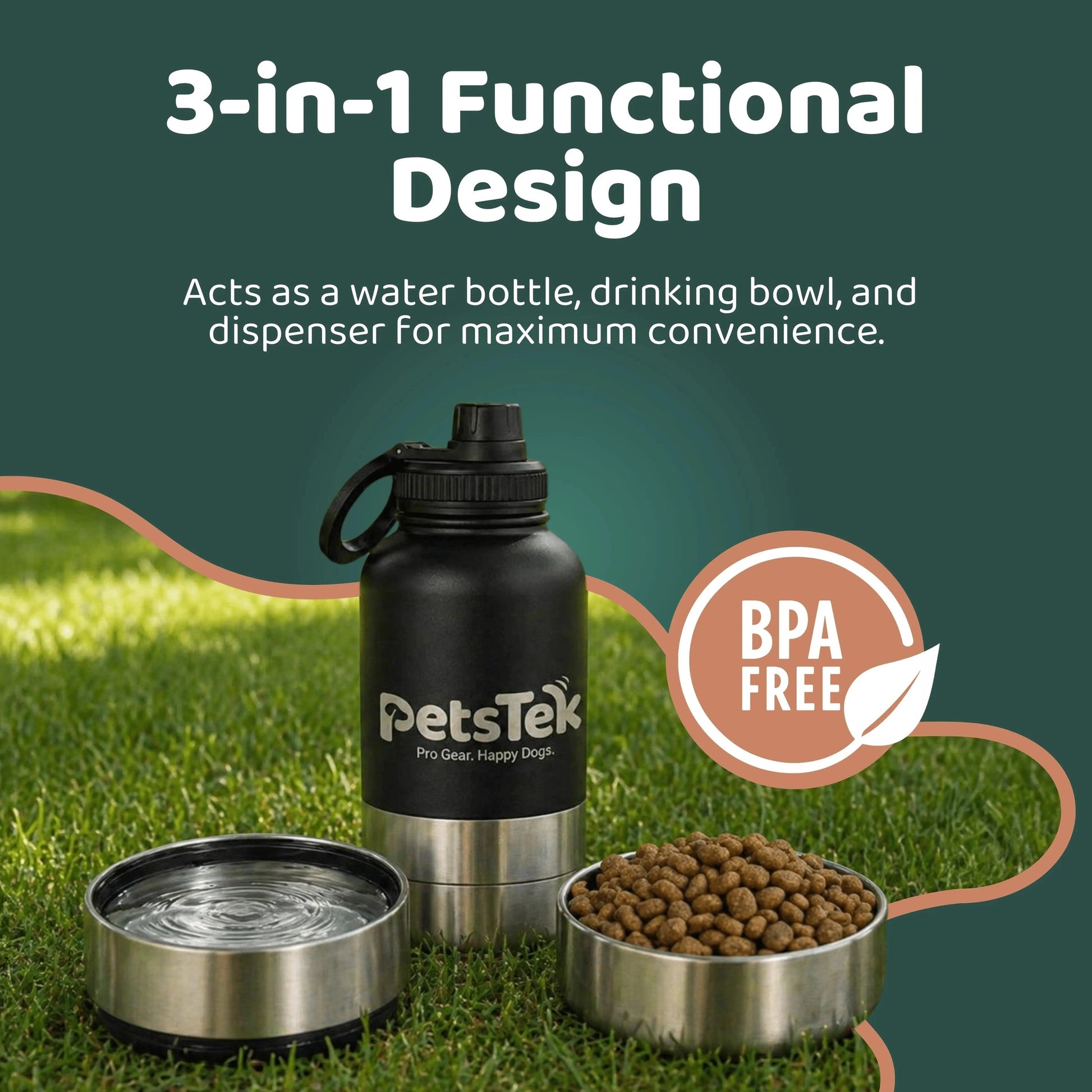 PetsTEK-PetsTek Portable Dog Water Bottle - 3 in 1 Insulated Stainless Steel Travel Bowl and Dispenser with Leak Proof Magnetic Lid