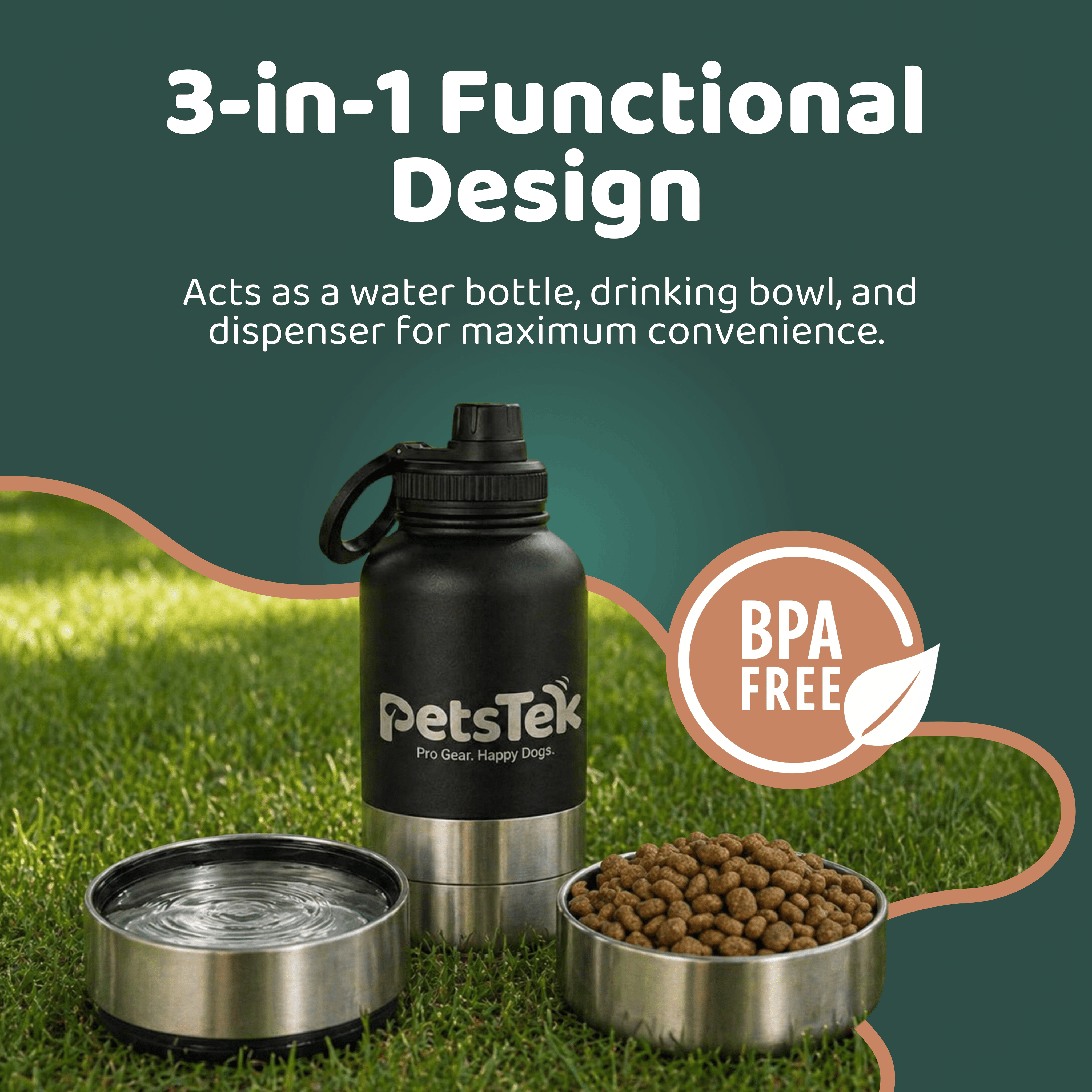PetsTEK-PetsTek Portable Dog Water Bottle - 3 in 1 Insulated Stainless Steel Travel Bowl and Dispenser with Leak Proof Magnetic Lid