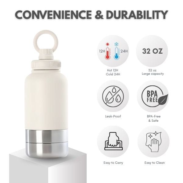 PetsTEK-PetsTek Portable Dog Water Bottle - 3 in 1 Insulated Stainless Steel Travel Bowl and Dispenser with Leak Proof Magnetic Lid