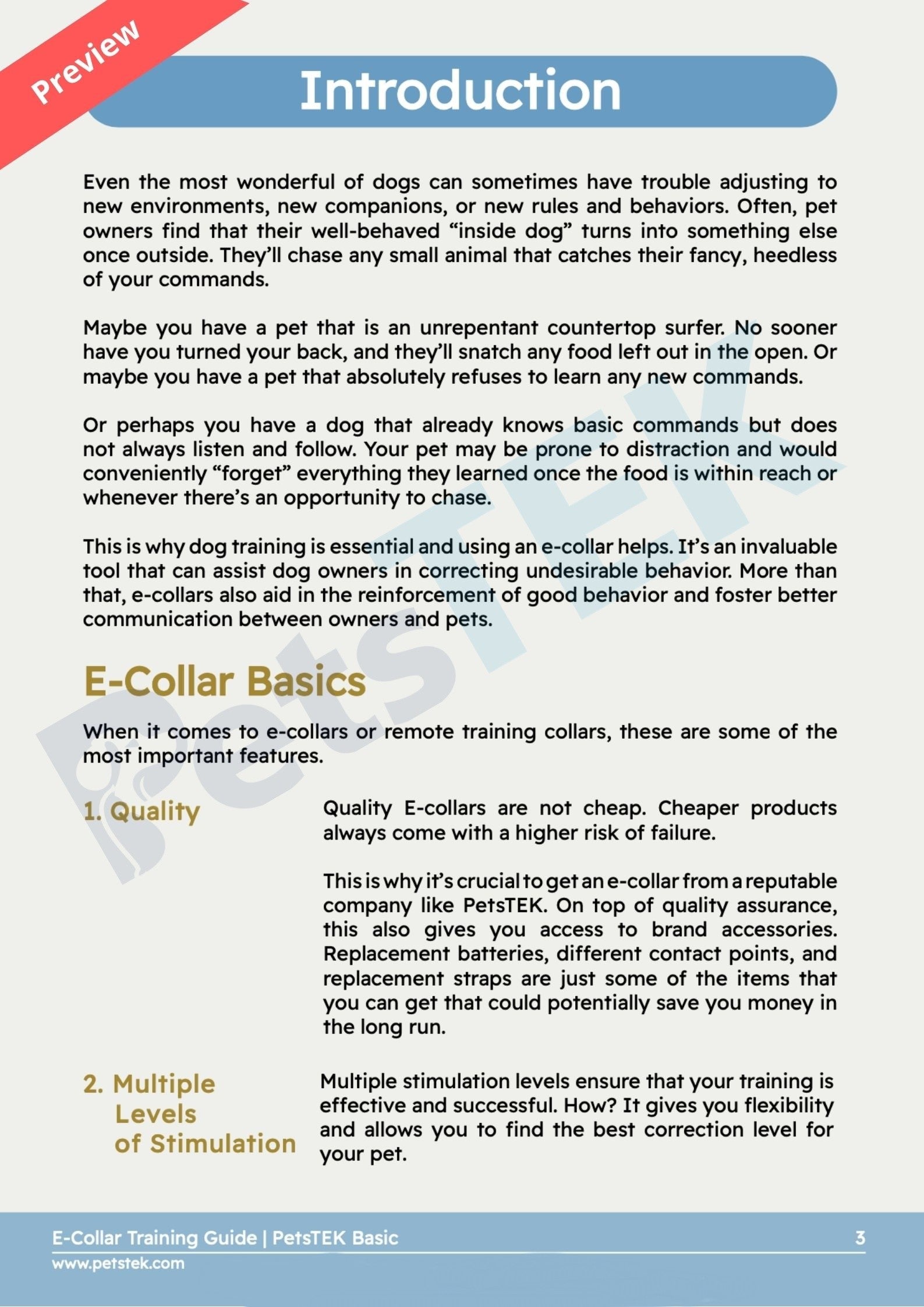 PetsTEK E-Collar Training Guide Introduction Page Preview